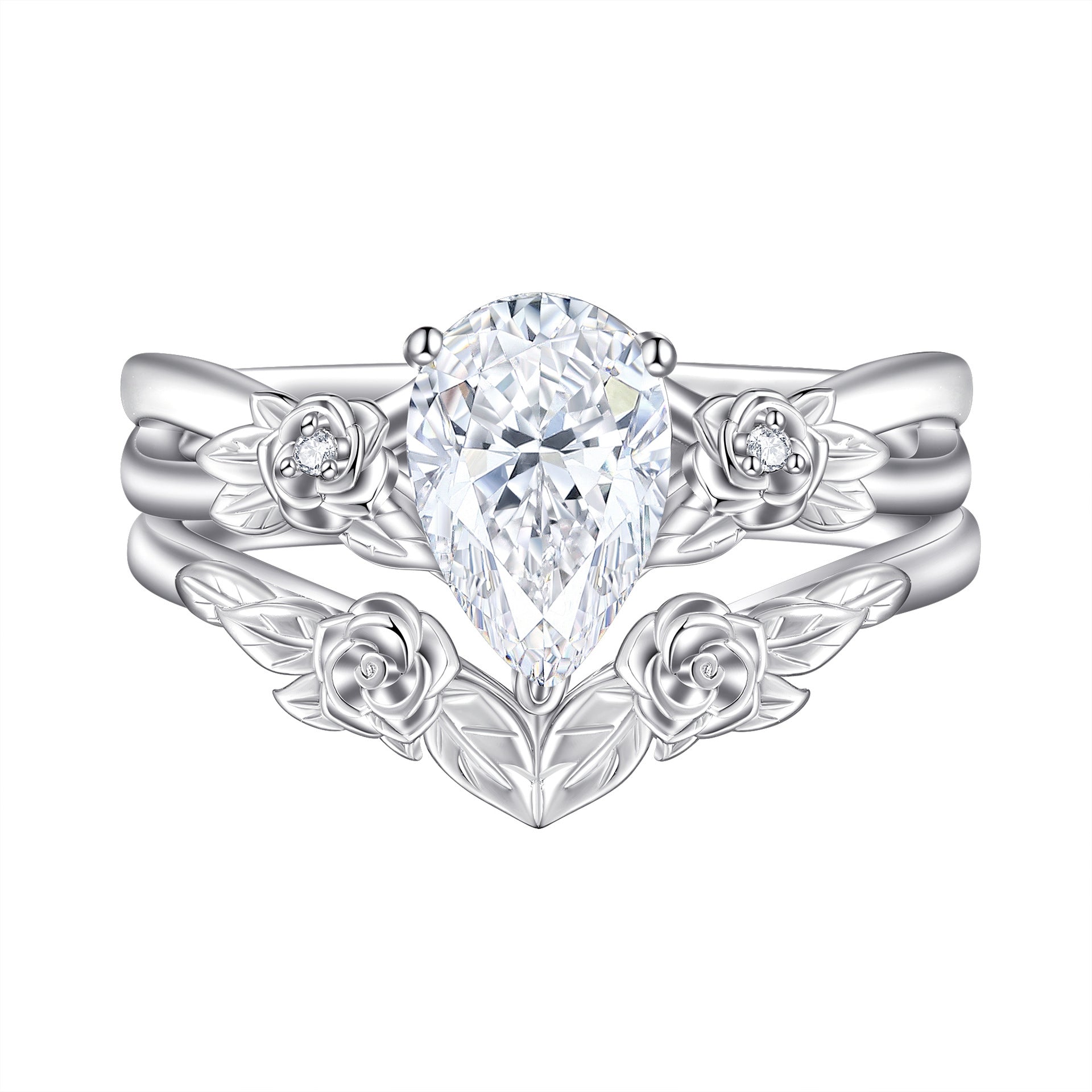 1.5CT Moissanite Flower Teardrop Ring Set