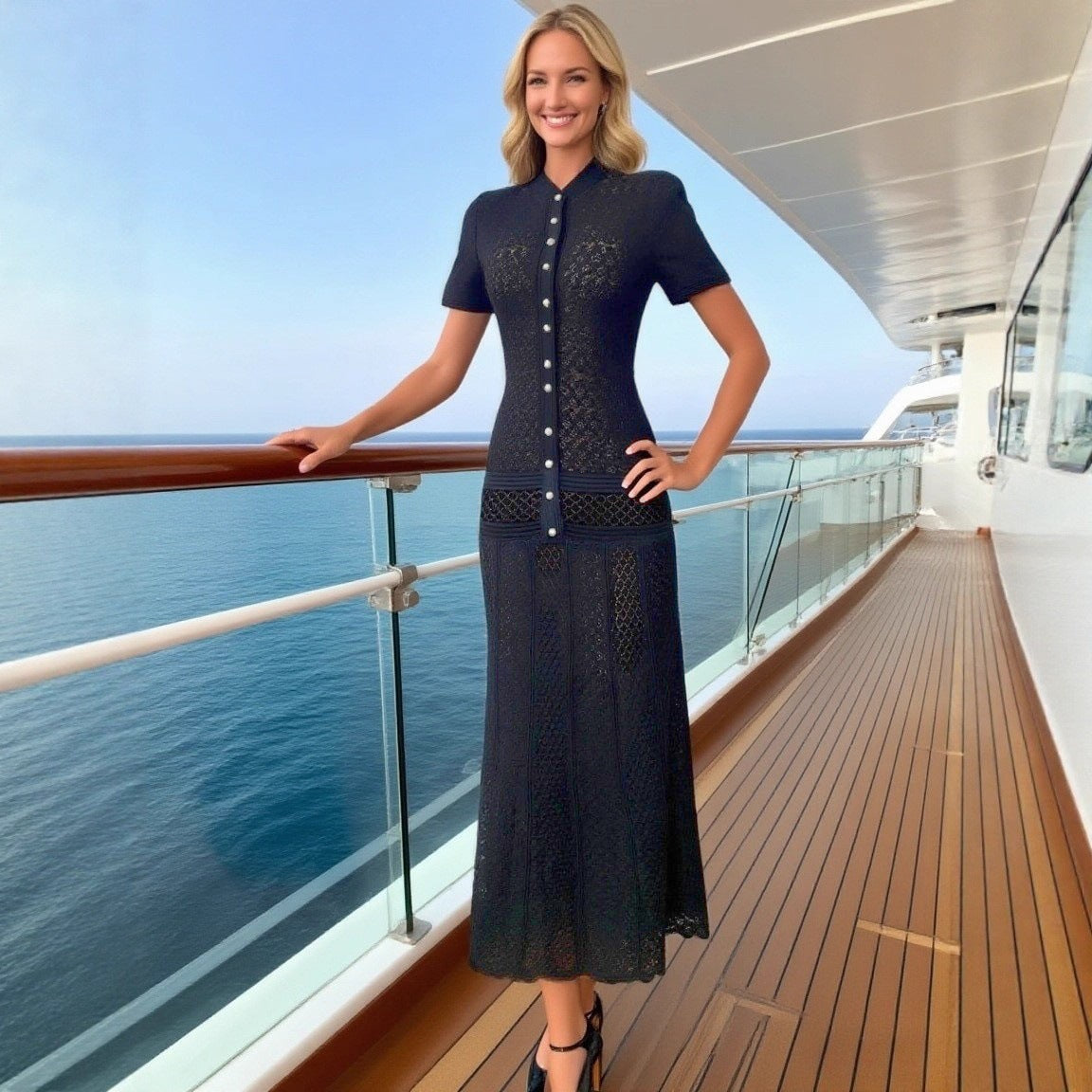 Sandro French Retro Short Sleeve Eyelet Knit Dress