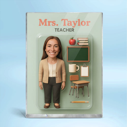 3D Effect Teacher Cartoon Style Custom Figure Personalized Flat Rectangle Acrylic Block, Gift For Teacher