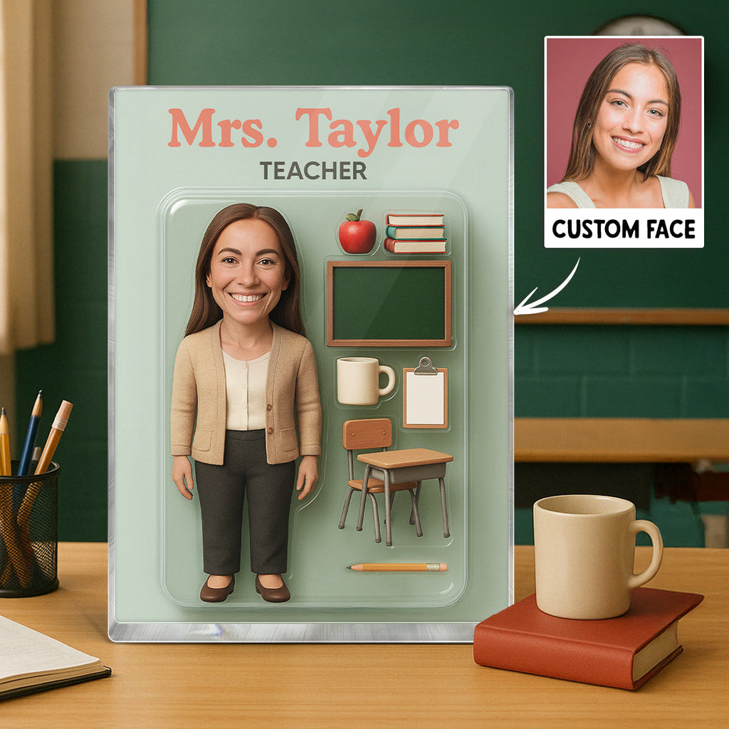3D Effect Teacher Cartoon Style Custom Figure Personalized Flat Rectangle Acrylic Block, Gift For Teacher